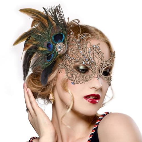 Zinniday Women's 1920s Peacock Feather Masquerade Mask for Halloween & Mardi Gras