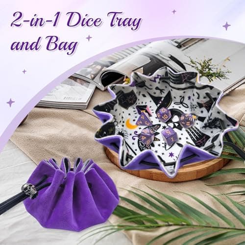 2-in-1 DND Dice Bag and Rolling Tray, Purple Velvet Drawstring with 7 Polyhedral Dice