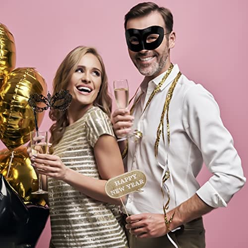 IncreDecor Couple Venetian Metal Masquerade Mask with Stick Halloween Costume