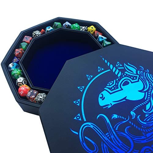 Blue Octagonal Dice Tray with Lid and Staging Area - Holds 5 Sets of RPG Dice