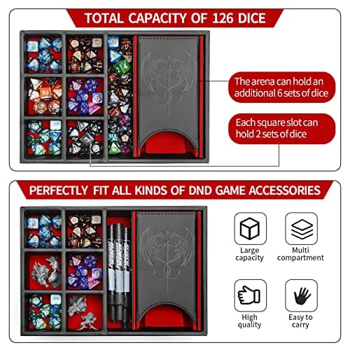 Red 3-in-1 DND Dice Tray & Tower with Storage, Portable D&D Dice Holder