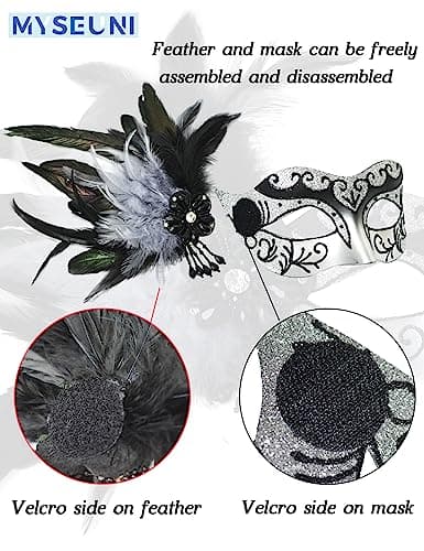 MYSEUNI Silver Masquerade Mask for Couples, Feathers & Venetian Half Mask