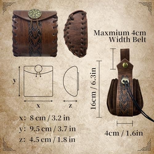 Brown Medieval Faux Leather Belt Bag with Drawstring Pouch for LARP