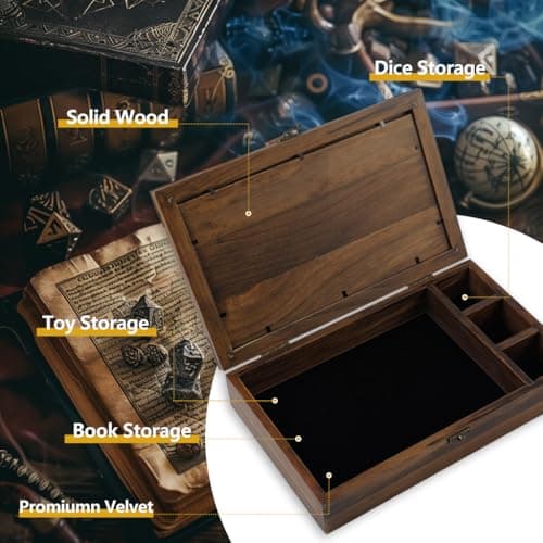 2-in-1 Metal DND Dice Tray & Organizer with Flame Wood Box & Notebook