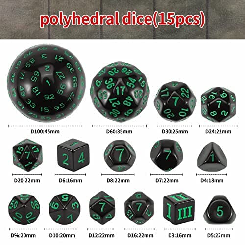 CiaraQ DND Polyhedral Dice Set (15pcs) with Bag for Dungeons & Dragons Games (Black & Green)