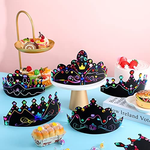 Yinder 80 Pcs Rainbow Scratch Paper Crowns for Kids & Adults Elastic Bands Stickers