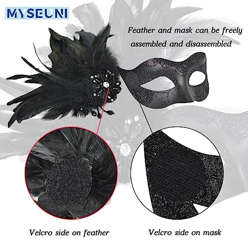 MYSEUNI Women's 2025 Black Masquerade Mask with Feathers for Special Occasions