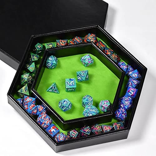 DND Dice Tray - Hexagonal Rolling & Storage, Faux Leather, Green, Compatible with D&D, MTG