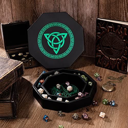 Exquisitely Detailed Green World Tree & Triquetra 8" DND Dice Tray - Premium Roll & Storage