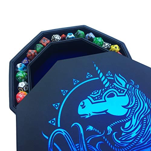 Blue Octagonal Dice Tray with Lid and Staging Area - Holds 5 Sets of RPG Dice