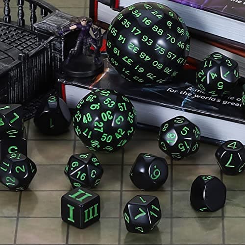 CiaraQ DND Polyhedral Dice Set (15pcs) with Bag for Dungeons & Dragons Games (Black & Green)