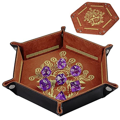 PU Leather Hexagon Dice Tray with Beholder Print - Portable & Foldable Mat for D&D