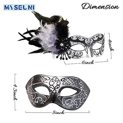 MYSEUNI Silver Masquerade Mask for Couples, Feathers & Venetian Half Mask