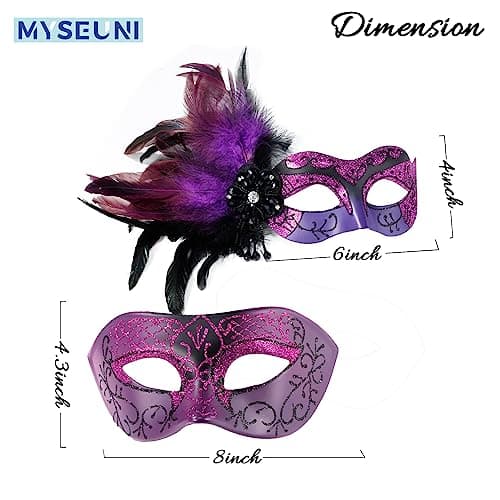 Couple Masquerade Mask - Feathered Purple Mask for Masquerade, Mardi Gras, Halloween Cosplay Prom, Christmas