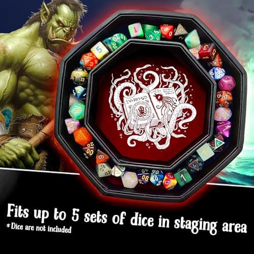 Cthulhu Tome Red Dice Tray - 9" Octagon with Lid & D&D Dice Staging