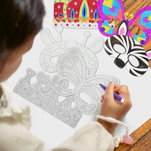 Color Your Own 48 PCS Paper Crowns & Masks, DIY Art Craft for Kids' Parties and Decorations