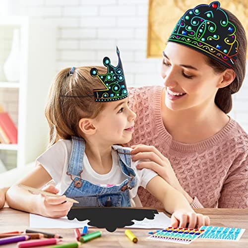 Lewtemi 110 Pcs Rainbow Scratch DIY Paper Crowns & Hats Bulk Set
