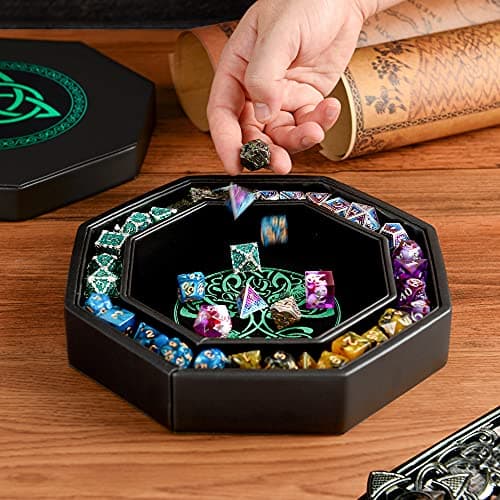 Exquisitely Detailed Green World Tree & Triquetra 8" DND Dice Tray - Premium Roll & Storage