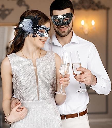MYSEUNI Silver Masquerade Mask for Couples, Feathers & Venetian Half Mask