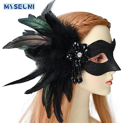 MYSEUNI Women's 2025 Black Masquerade Mask with Feathers for Special Occasions