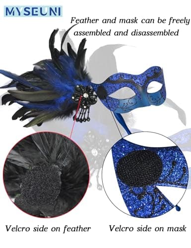 MYSEUNI Women's Shiny Feather Mardi Gras Mask with Stick