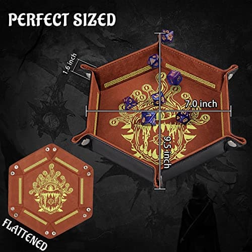 PU Leather Hexagon Dice Tray with Beholder Print - Portable & Foldable Mat for D&D