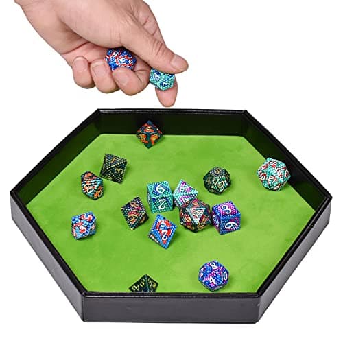 DND Dice Tray - Hexagonal Rolling & Storage, Faux Leather, Green, Compatible with D&D, MTG