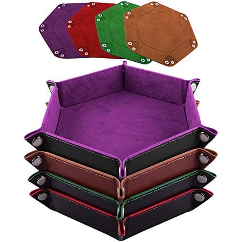 Foldable Dice Tray Set for RPG, DND and Table Games - 4 Hexagon Holders in Violet, Coffee, Green, and Red