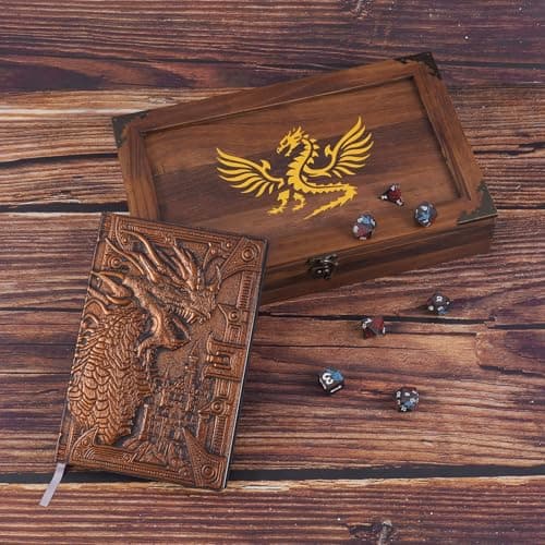 2-in-1 Metal DND Dice Tray & Organizer with Flame Wood Box & Notebook