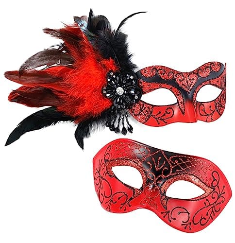Couple Masquerade Mask - Feathered Purple Mask for Masquerade, Mardi Gras, Halloween Cosplay Prom, Christmas