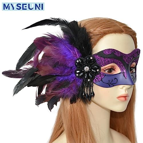 Couple Masquerade Mask - Feathered Purple Mask for Masquerade, Mardi Gras, Halloween Cosplay Prom, Christmas