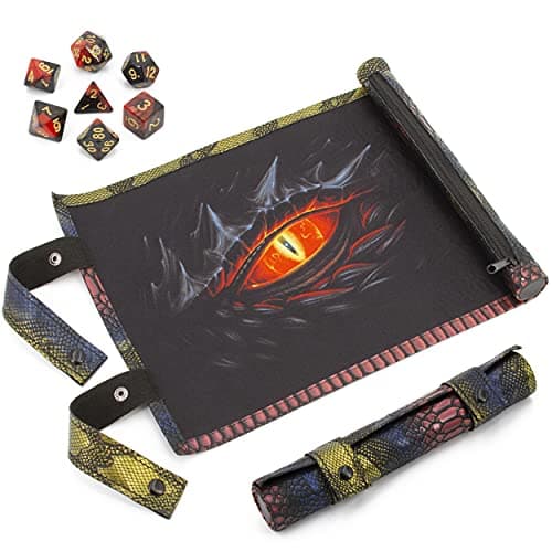 CASEMATIX Dice Rolling Tray & Mat with 7 DND Dice - Travel Holder for Up to 14 Dice
