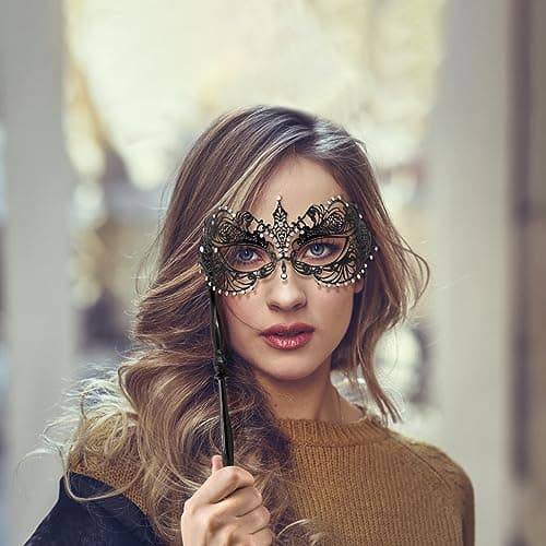 Thmyo Venetian Mardi Gras Carnival Feather Rhinestone Masquerade Mask with Stick