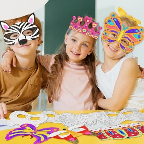 Color Your Own 48 PCS Paper Crowns & Masks, DIY Art Craft for Kids' Parties and Decorations