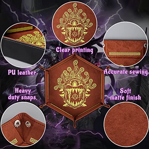 PU Leather Hexagon Dice Tray with Beholder Print - Portable & Foldable Mat for D&D