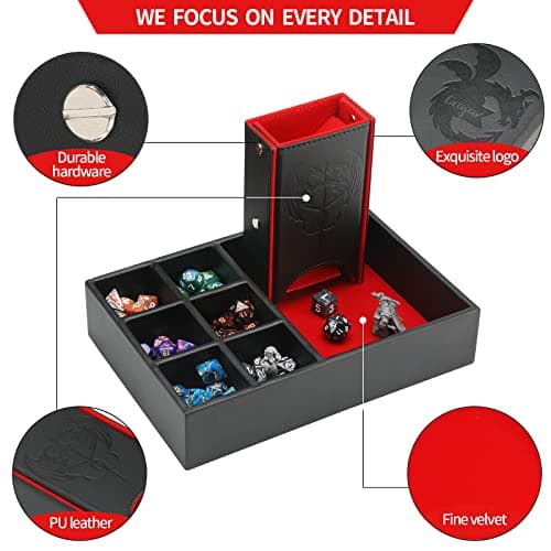Red 3-in-1 DND Dice Tray & Tower with Storage, Portable D&D Dice Holder