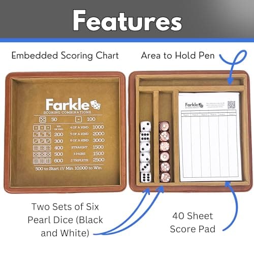 Luck Lab Farkle Dice Tray & Storage Case - 2 Sets of Pearl Dice, Score Pad, Pen Holder (Brown)
