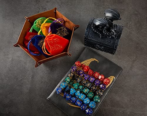 6 Sets Polyhedral Dice for D&D & RPG Games with Free Draws String Bags & PU Leather Tray (Brown)