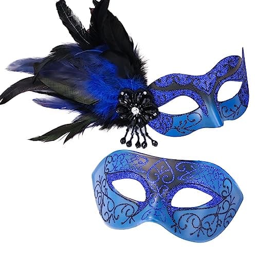 Couple Masquerade Mask - Feathered Purple Mask for Masquerade, Mardi Gras, Halloween Cosplay Prom, Christmas