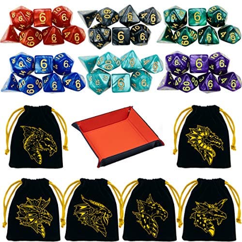 6 Sets Polyhedral Dice for D&D & RPG Games with Free Draws String Bags & PU Leather Tray (Brown)