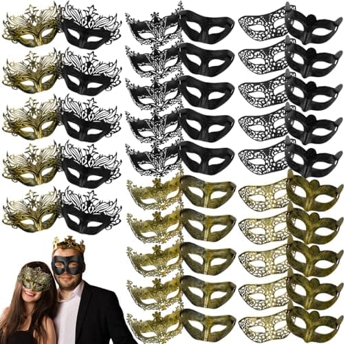 Jenaai 50 Pcs Couple Mardi Gras Masquerade Mask for Costume Ball Party