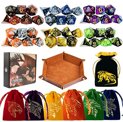 6 Sets Polyhedral Dice for D&D & RPG Games with Free Draws String Bags & PU Leather Tray (Brown)