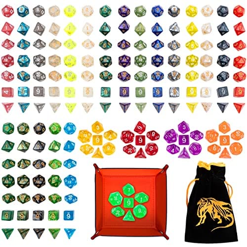 6 Sets Polyhedral Dice for D&D & RPG Games with Free Draws String Bags & PU Leather Tray (Brown)