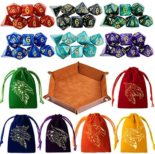 6 Sets Polyhedral Dice for D&D & RPG Games with Free Draws String Bags & PU Leather Tray (Brown)