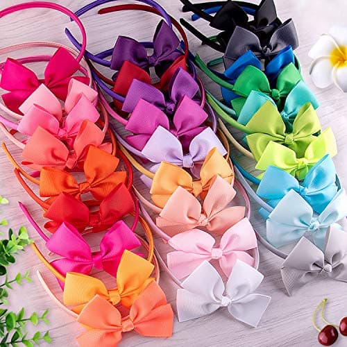 SIQUK 28 Pieces Bow Headbands Grosgrain Ribbon Headband with Bow Hair Bows Hair Bands for Girls - Multicolor Selection