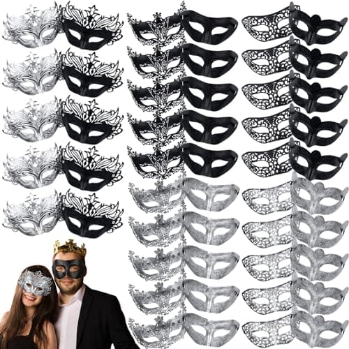 Jenaai 50 Pcs Couple Mardi Gras Masquerade Mask for Costume Ball Party