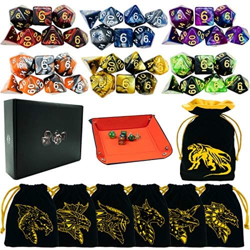 6 Sets Polyhedral Dice for D&D & RPG Games with Free Draws String Bags & PU Leather Tray (Brown)