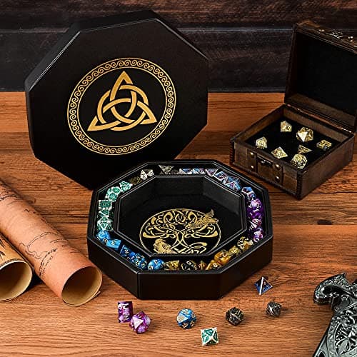 Premium 8" Dungeons and Dragons Dice Tray - Gold World Tree & Triquetra Design - Perfect for Rolling & Storage