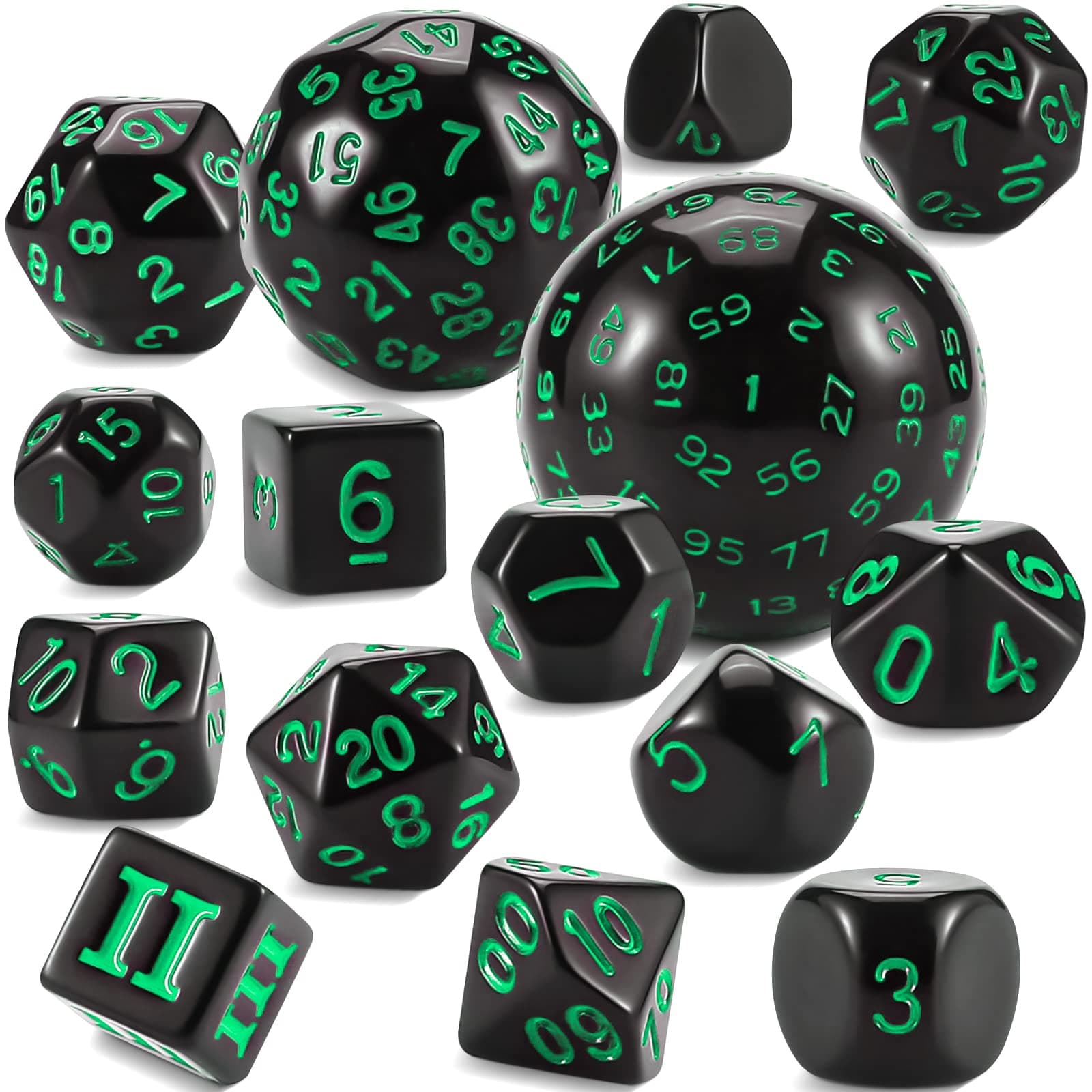 CiaraQ DND Polyhedral Dice Set (15pcs) with Bag for Dungeons & Dragons Games (Black & Green)