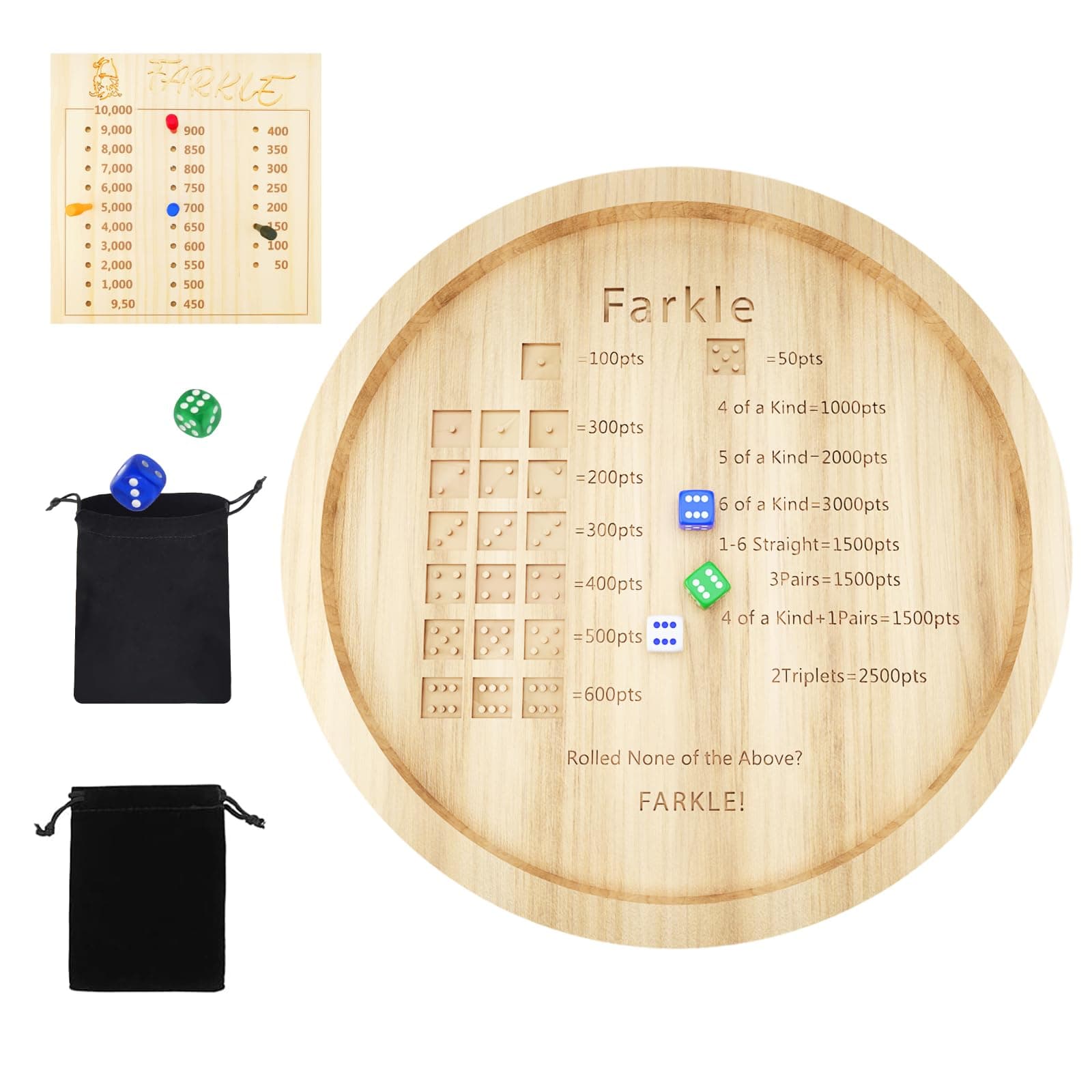 Larger Farkle Dice Tray 12" Board Game for Family & Adult Gatherings, 18 Dice, Score Pad, Markers